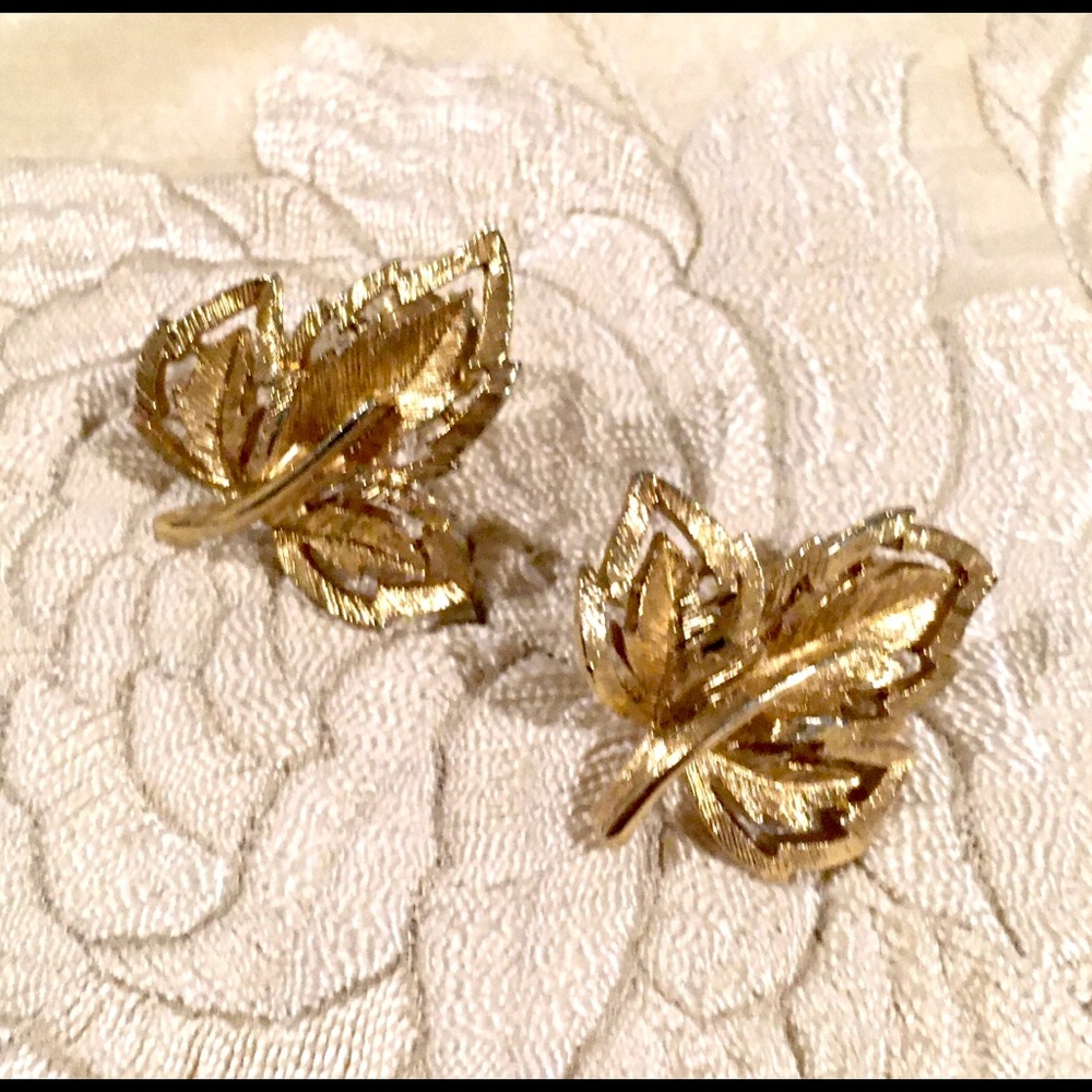 Vintage designer autumn leaf clip earrings, signed
